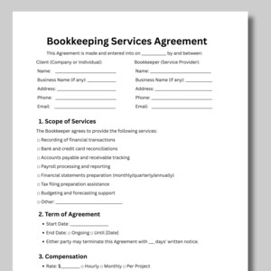 May include: A white bookkeeping services agreement form with black text. The form includes sections for client and bookkeeper information, scope of services, term of agreement, and compensation details. The text is clear and easy to read.