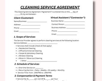 Może przedstawiać: Formularz Umowy o Świadczenie Usług Sprzątania z tytułem "CLEANING SERVICE AGREEMENT". Formularz zawiera sekcje dotyczące informacji o kliencie i wykonawcy, zakresu usług, harmonogramu i warunków płatności. Dokument jest wydrukowany na białym papierze.
