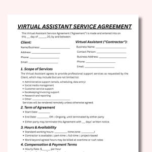 May include: A Virtual Assistant Service Agreement document with the title at the top. The document includes sections for Client and Virtual Assistant information, Scope of Services, Term of Agreement, Hours & Availability, and Compensation & Payment Terms.