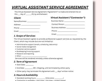 Puede incluir: Un documento de Acuerdo de Servicio de Asistente Virtual. El documento incluye secciones para la información del Cliente y del Asistente Virtual, Alcance de los Servicios, Plazo del Acuerdo, Horas y Disponibilidad, y Términos de Compensación y Pago.