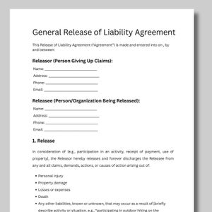 Può includere: Un documento stampato intitolato "Accordo generale di esonero da responsabilità". Il documento include sezioni per il cedente e il cessionario, con righe per nome, indirizzo, telefono ed e-mail. Descrive i termini dell'accordo.