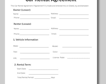 Car Rental Agreement Template: US Letter, Canva Editable (Digital Download)