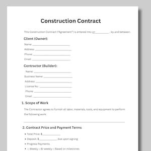 Op de afbeelding: Een wit bouwcontractformulier met de titel "Construction Contract" bovenaan. Het formulier bevat secties voor klant- en aannemersinformatie, de omvang van de werkzaamheden en betalingsvoorwaarden.