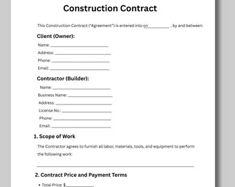 Construction Contract Template: US Letter, Canva Editable (Digital Download)