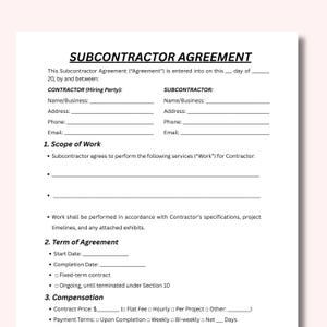 Op de afbeelding: Een afgedrukt Subcontractor Agreement-formulier met de titel in vette, zwarte tekst. Het document bevat secties voor informatie over aannemers en onderaannemers, de reikwijdte van het werk, de looptijd van de overeenkomst en details over de vergoeding.
