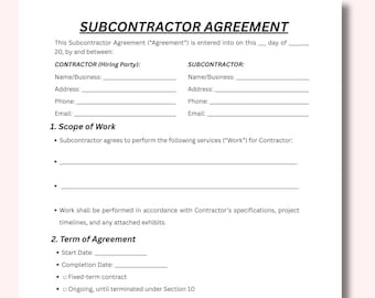 Vorlage für Subunternehmer, Subunternehmer Formen, Subunternehmer Vertrag, Generalunternehmer, Bauvereinbarung, Konstruktionsformular,