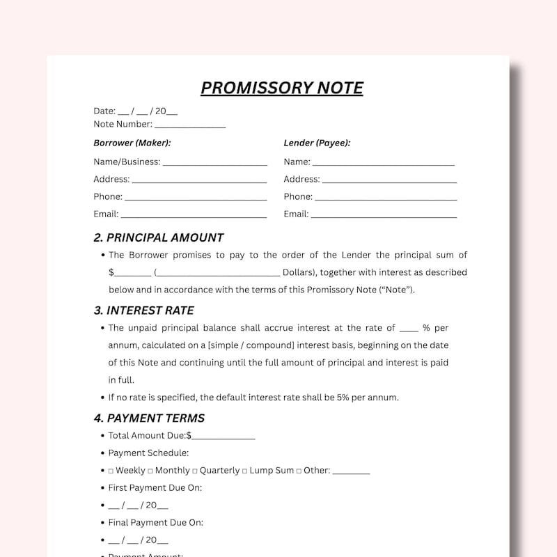 Promissory Note Template - Etsy