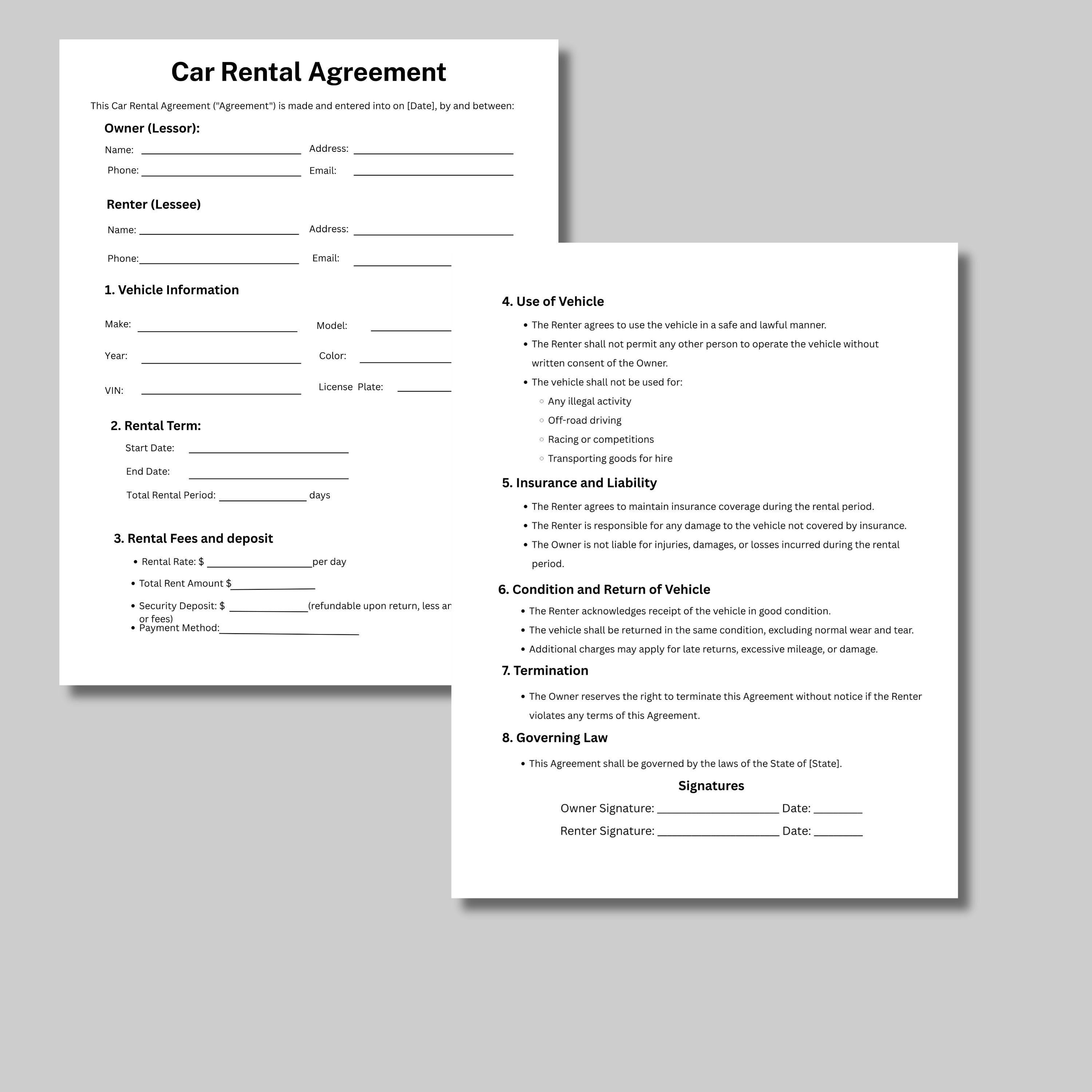 Car Rental Agreement Template: US Letter, Canva Editable (digital ...