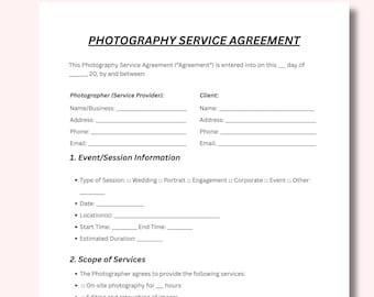 Modello di contratto per la fotografia, modificabile con Canva, lettera USA (download digitale)