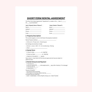Short Term Rental Agreement, vacation agreement, holiday agreement, Airbnb agreement, printable rental, rental contract, rental templates,