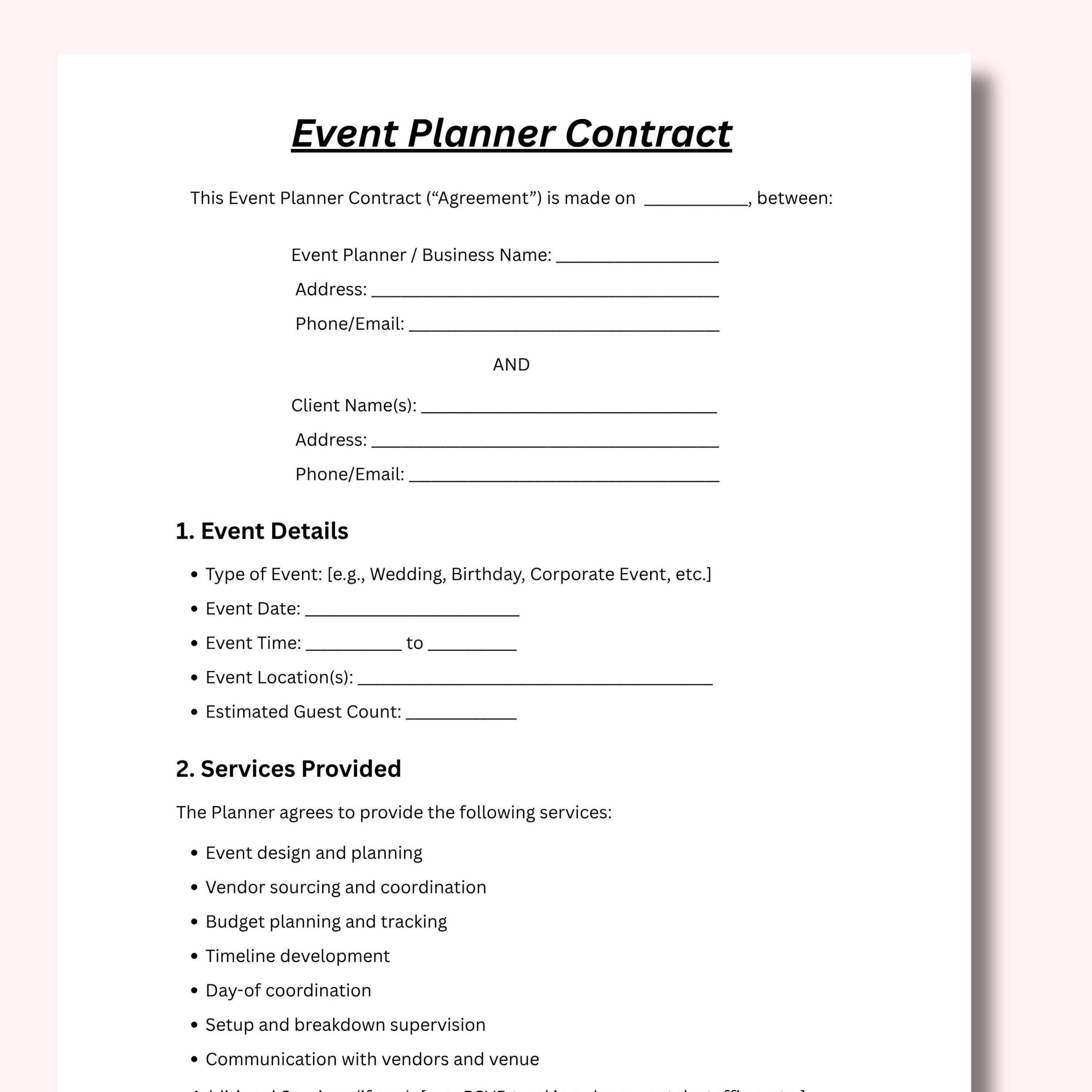 Event Planner Contract Template: Editable Canva Design, US Letter ...