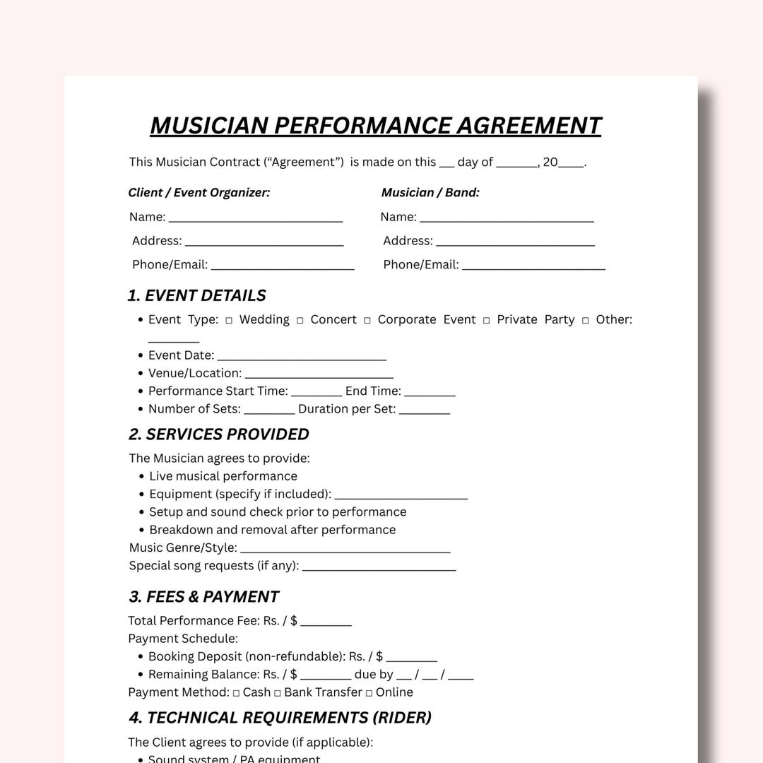 Editable Musician Contract Template, Music Agreement, Gig Contract ...
