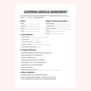 Könnte beinhalten: Ein Catering-Service-Vereinbarungsformular mit Abschnitten für Kunden- und Caterer-Informationen, Veranstaltungsdetails, Leistungsumfang und Menüauswahl. Das Dokument ist auf weißem Papier mit schwarzem Text gedruckt.