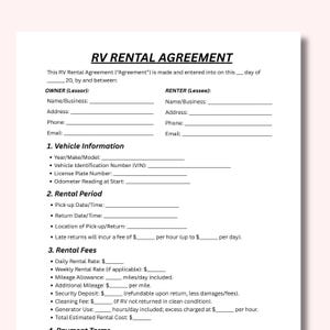 May include: A white RV Rental Agreement form with black text. The document includes sections for owner and renter information, vehicle details, rental period, and fees. The title "RV Rental Agreement" is at the top.