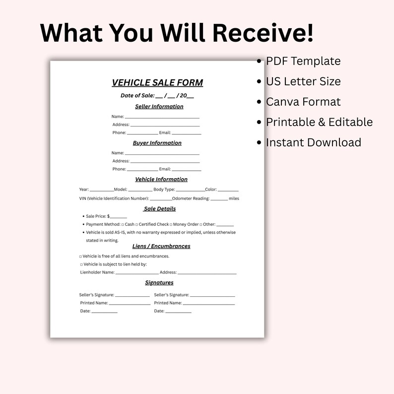 Vehicle Bill of Sale Template, US Letter Size (digital Download) - Etsy