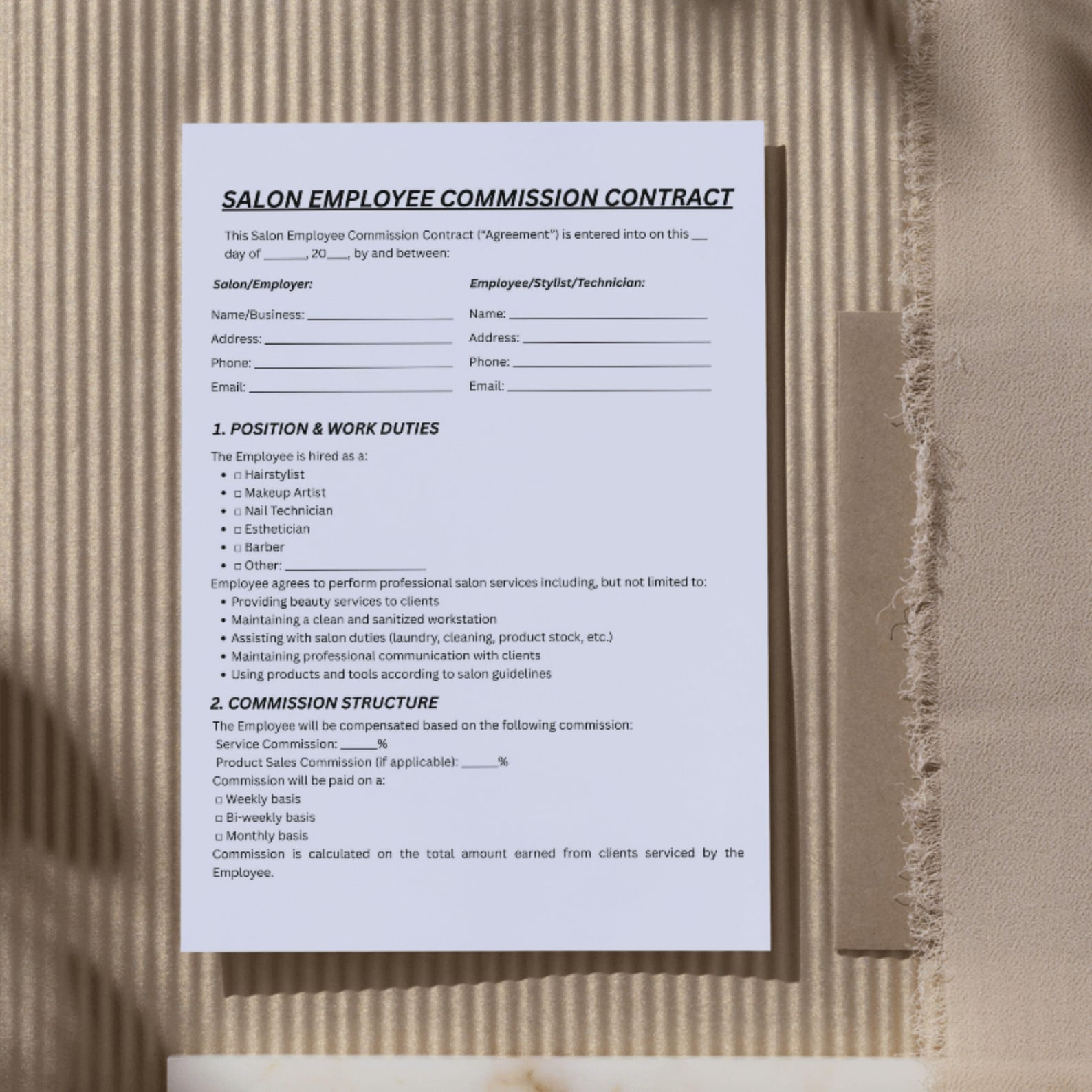 Canva Editable Salon Employee Commission Contract Template - Etsy