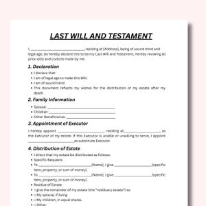 Może przedstawiać: Wydrukowany dokument zatytułowany "LAST WILL AND TESTAMENT" z sekcjami dotyczącymi oświadczeń, informacji rodzinnych, powołania wykonawcy i podziału majątku. Dokument zawiera puste pola do wypełnienia.