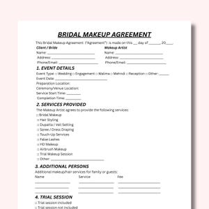 Pode incluir: Documento branco intitulado "ACORDO DE MAQUILHAGEM DE NOIVA" com seções para detalhes do cliente/noiva e maquiador. Inclui seções para detalhes do evento, serviços prestados, pessoas adicionais e informações da sessão de teste.