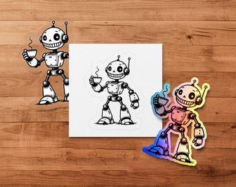Cute Robot Sticker, Robot Holding Coffee Sticker, Robot Decal for Laptops, Fun Robot Art, Tech Lover Gift, Geeky Sticker, Waterproof Sticker