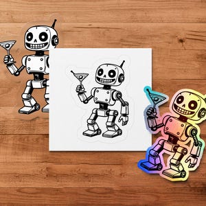 Cute Robot Sticker, Robot Holding Martini Sticker, Retro Robot Vinyl Sticker, Tech Robot Sticker, Fun Tech Sticker, Robot Lover Gift