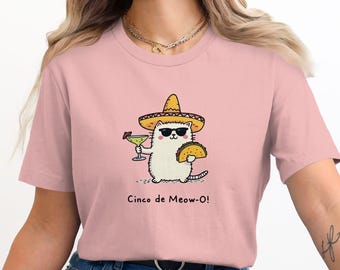 Camiseta Cinco De Mayo, Camiseta Gato Fofo com Taco e Margarita, Camiseta Cinco de Meow-O, Presente para Amantes de Gatos, Camiseta para Festa Mexicana