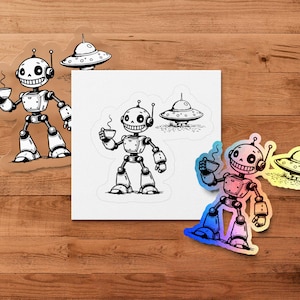 Cute Robot Sticker, Funny Robot and UFO Art, Robot With Coffee Sticker, Vinyl Sticker, Laptop Decal, Water Bottle Sticker, Planner Sticker