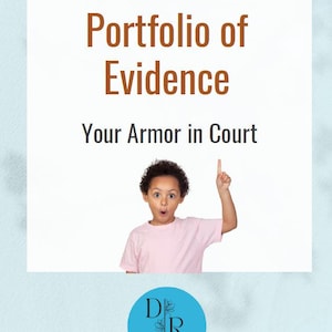 Könnte beinhalten: Bild mit Text "Portfolio of Evidence Your Armor in Court". Ein Kind in einem rosa Hemd zeigt mit offenem Mund nach oben. Ein blauer Kreis mit dem Text "Divorce Recovery" und "Our Knowledge Becomes your Power" befindet sich unten.