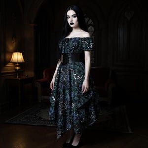 Women Goth Dark Cosplay Dress, Ladies Halloween Costume, Gothic Goth Sun Moon Star Moth Dress, Witchcore Festival Outfit,Open Shoulder Dress