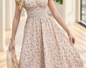 Elegant floral Print Summer Dress, A-Line floral Dress,Romantic Garden Party Dress, Boho Chic Sundress,Vintage Floral Midi Dress,Beach Dress