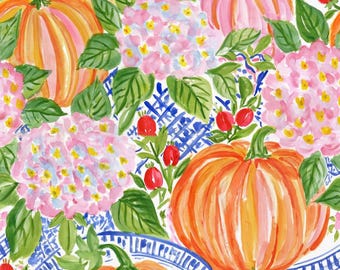 May include: A pattern featuring orange pumpkins, pink and white hydrangea flowers, and small red berries interspersed with green leaves. The design includes a blue and white lattice or grid motif layered behind the botanical elements.