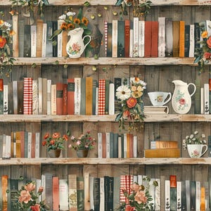 Puede incluir: Un patrón de papel tapiz que muestra varios estantes de madera llenos de libros, jarras de cerámica blanca con motivos florales y pequeñas plantas en macetas. El diseño incluye lomos de libros a cuadros rojos y blancos y follaje.