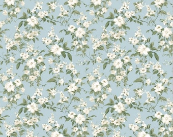 Cottagecore Floral Cotton Fabric, Delicate Cream Flowers & Green Leaves Fabric, Vintage Shabby Chic Floral Fabric, By The Half Yard