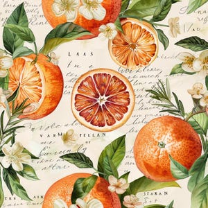 Könnte beinhalten: Ein sich wiederholendes Muster mit leuchtend orangefarbenen Zitrusfrüchten, darunter ganze Orangen und aufgeschnittene Segmente mit dunkelrotem Inneren, durchsetzt mit weißen Blüten und grünen Blättern auf einem Hintergrund aus verblasster Schreibschrift.