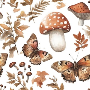 Forest Life Mushroom Fabric, Vintage Mushroom Cotton Fabric, Butterfly Fabric, 100% Cotton Fabric, Quilting Fabric, By The Half Yard
