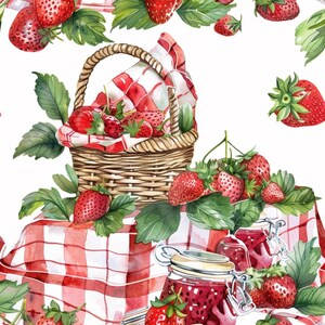 Könnte beinhalten: Ein Aquarellmuster mit einem geflochtenen Weidenkorb, gefüllt mit roten Erdbeeren und einem rot-weiß karierten Tuch. Gläser mit Erdbeermarmelade stehen auf einer passenden karierten Tischdecke, umgeben von frischen Erdbeeren.