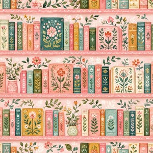 May include: A repeating pattern featuring rows of bookshelves on a soft pink background. The shelves are filled with various books decorated with intricate floral illustrations in shades of green, pink, yellow, and blue, interspersed with leafy vines.