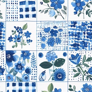 May include: A fabric pattern featuring a grid of squares with alternating designs. The squares contain various blue floral illustrations, blue and white checkered patterns, and blue dotted or grid textures on a crisp white background.