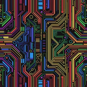 May include: A seamless digital pattern featuring a complex network of interconnected circuit board lines and geometric shapes in vibrant shades of red, orange, yellow, green, blue, and purple set against a solid black background.