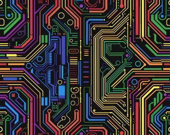 neon circuit board print fabric 55" wide by 1/2 yard, tech gamer fabric colorful cotton fabric for sewing craft