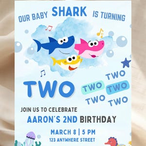 Invitation d'anniversaire numérique bébé requin | Modèle modifiable | Fête sous la mer | Deuxième anniversaire | Thème océan | Téléchargement instantané