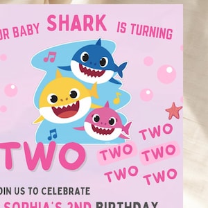 Zaproszenie na urodziny dla dziewczynki Baby Shark | Różowe zaproszenie na imprezę Baby Shark | Edytowalne pobieranie cyfrowe | Szablon natychmiastowy | 1. 2. 3. urodziny