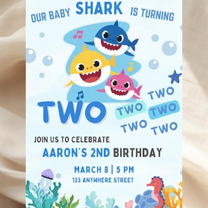 Invitación digital de cumpleaños de Baby Shark / Plantilla editable / Fiesta submarina / Segundo cumpleaños / Temática oceánica / Descarga instantánea