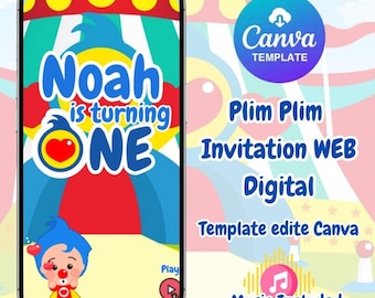 Puede incluir: Una plantilla de invitación digital para smartphone con temática de circo y el texto Noah is turning ONE. El diseño incluye un personaje de dibujos animados con pelo azul y nariz roja, un botón de reproducción y un logo de Canva con música.