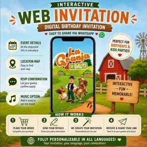 Puede incluir: Un smartphone muestra una invitación de cumpleaños digital titulada La Granja de Bauti, con un granjero, un gallo y un caballo de dibujos animados en una granja. La imagen incluye texto sobre detalles del evento, RSVP y pasos para realizar el pedido.