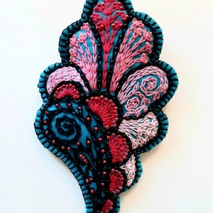 Paisley Bloom Big Brooch - embellished + beaded brooch; turquoise felt with pink and red embroidery and beads, statement piece, textile art