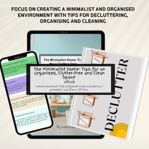 May include: A digital ebook titled The Minimalist Home: Tips for an Organised, Clutter-Free and Clean Space, displayed on a tablet and smartphone. The cover features three cardboard boxes labeled Keep, Trash, and Relocate, measuring 21cm x 29.7cm.
