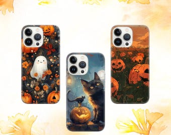 Halloween Handyhülle Geist schwarze Katze orange Kürbis iPhone 16e ProMax 15 14 13 12 11 Pixel 9a Pro 8 7A Samsung S25 Edge S24+/25+ A26 A36 A56