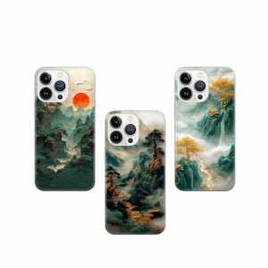 Coque de portable paysages asiatiques : pochette artistique en jade pour iPhone, Samsung, Google Pixel