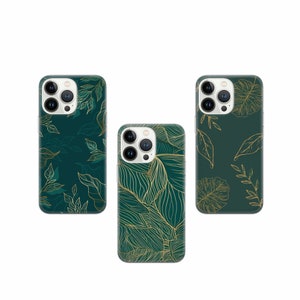 May include: Three iPhone cases with a green background and gold leaf designs. The cases have a cutout for the camera lens.