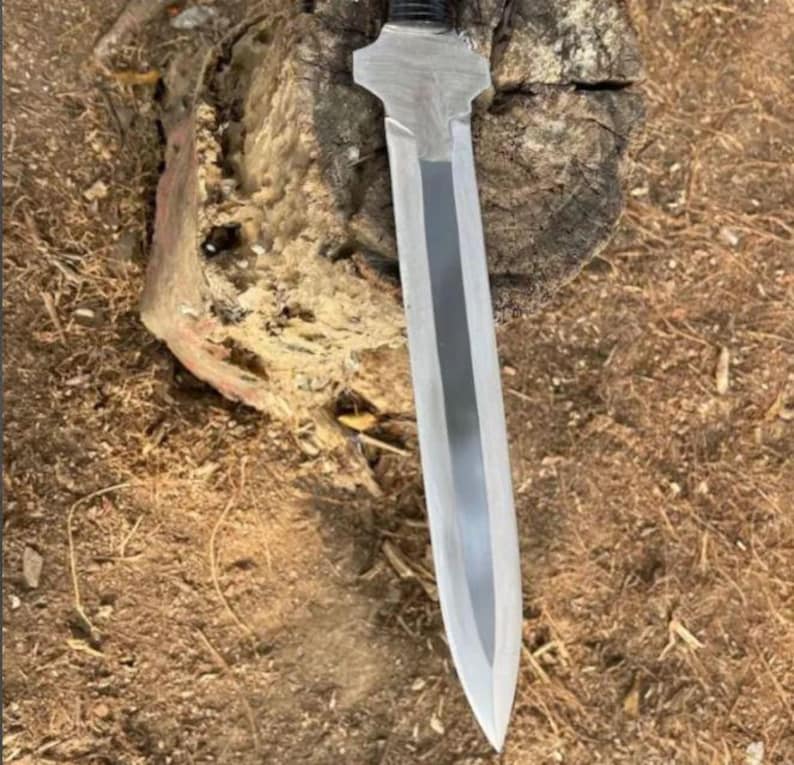 May include: A silver sword with a broad blade and a black handle. The sword is positioned on a tree stump, with brown mulch surrounding it.